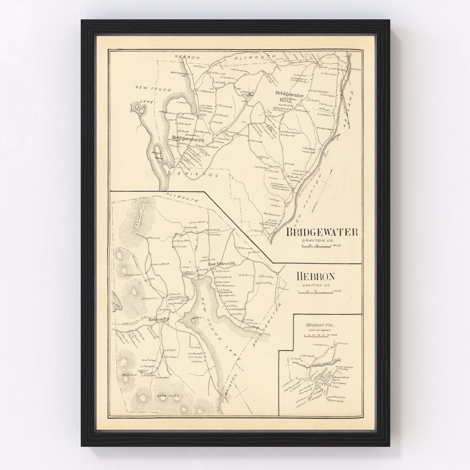 vintage map of Bridgewater New Hampshire, 1892, restored print wall art