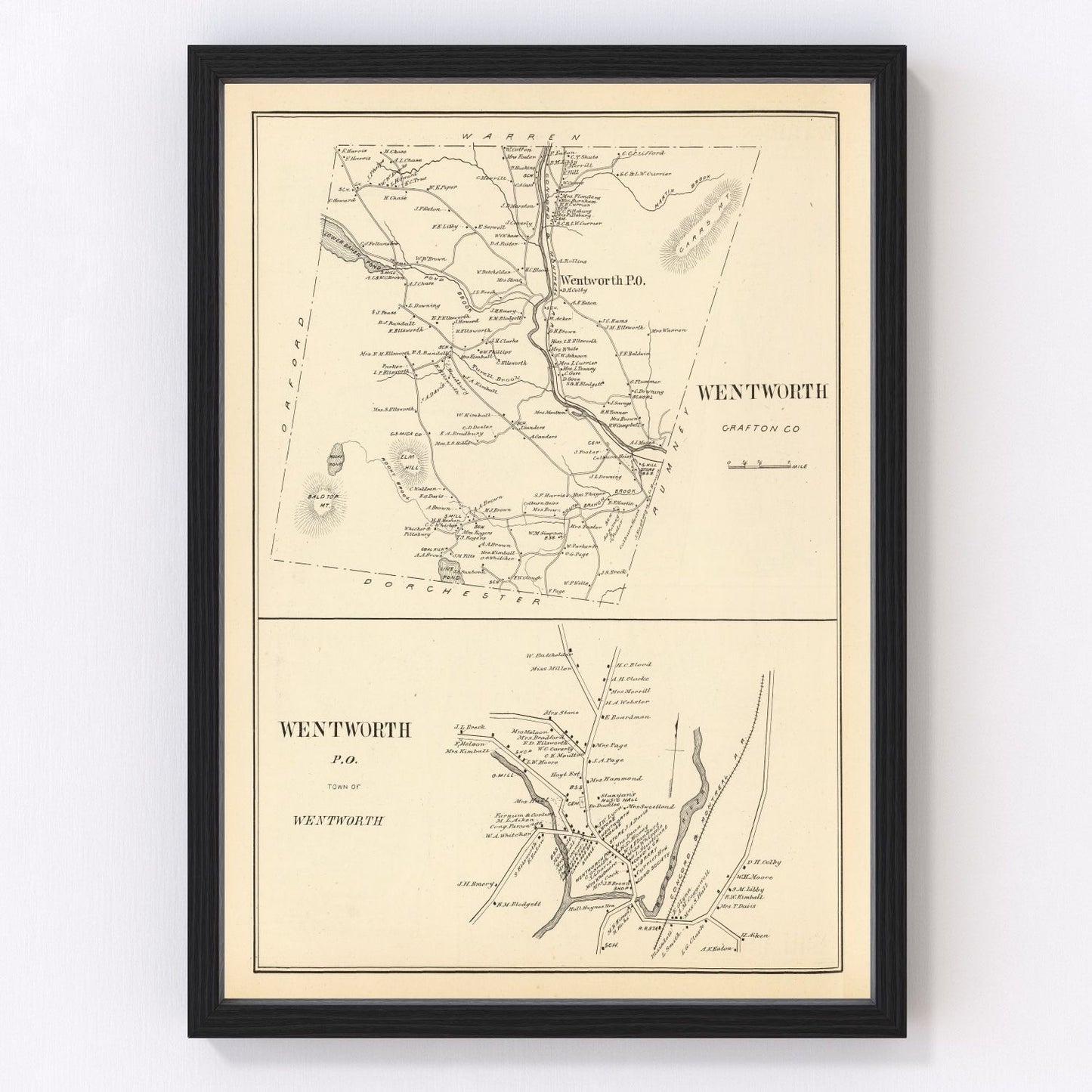 Vintage map of Wentworth, New Hampshire, 1892, White Mountain foothills village