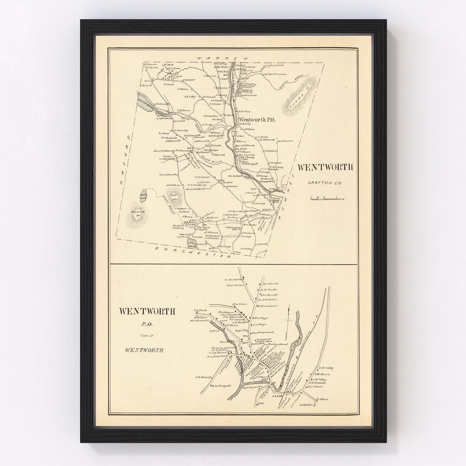 Vintage map of Wentworth, New Hampshire, 1892, White Mountain foothills village