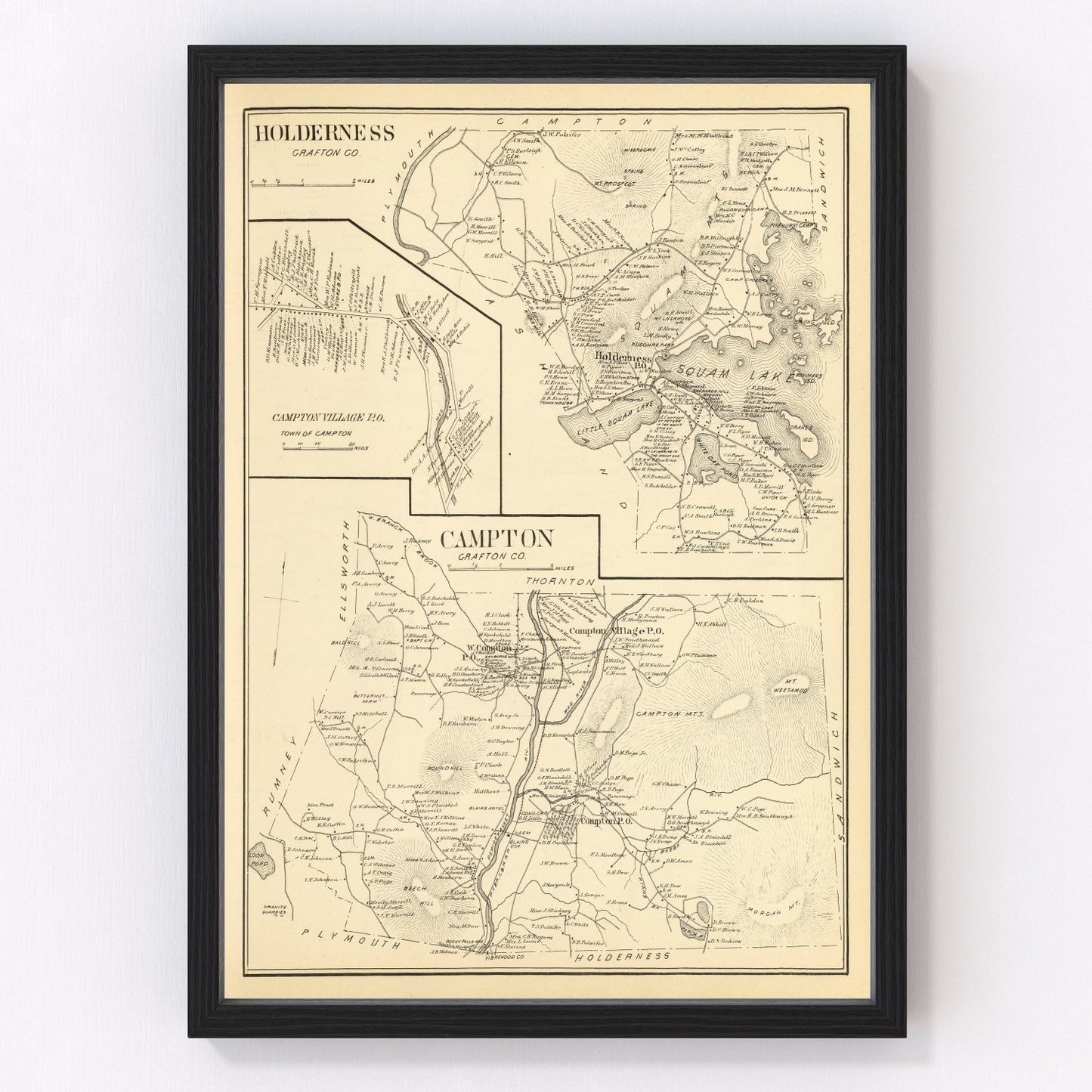 Vintage map of Campton, New Hampshire, 1892, digitally restored antique cartographic print