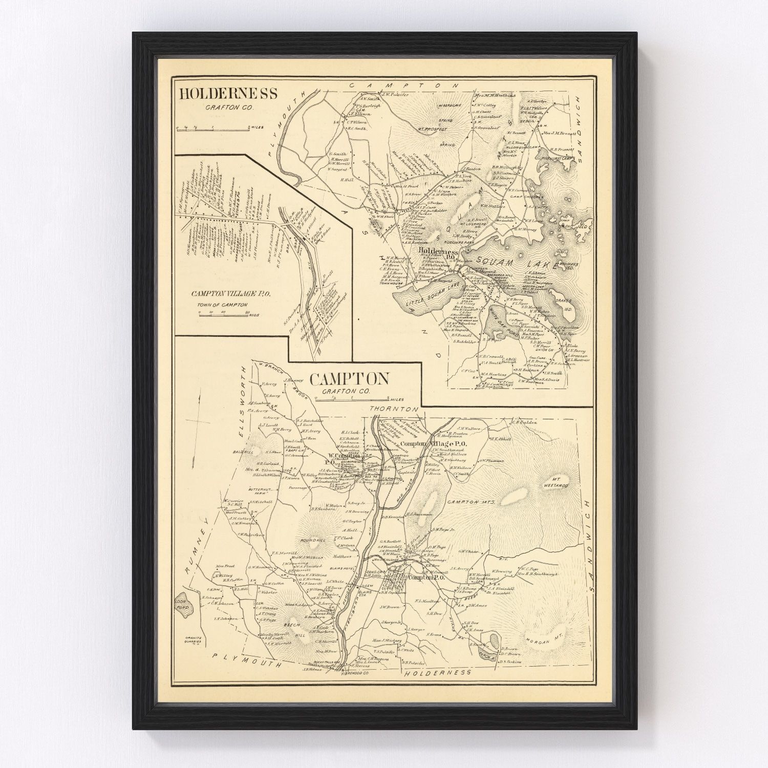 Vintage map of Campton, New Hampshire, 1892, digitally restored antique cartographic print