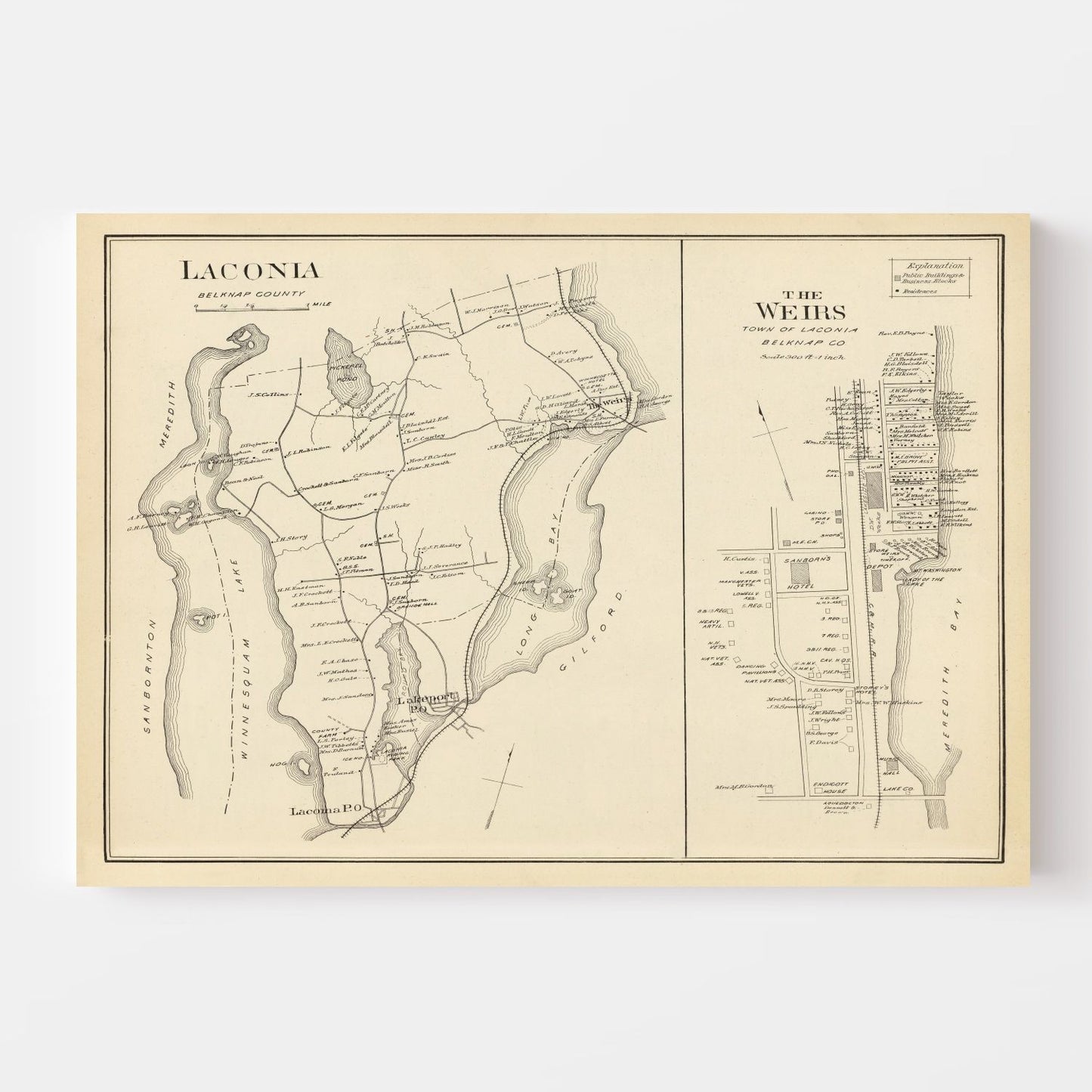 Vintage Map of Laconia, New Hampshire, 1892