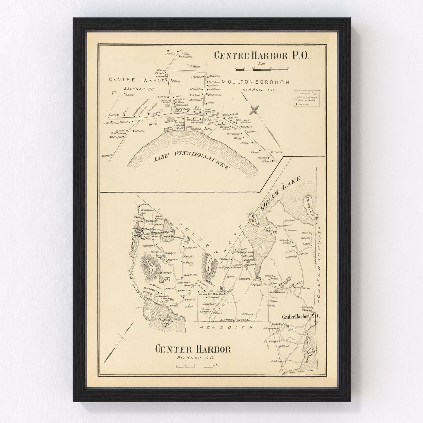 Vintage map of Center Harbor, New Hampshire, 1892, Lake Winnipesaukee, restored print