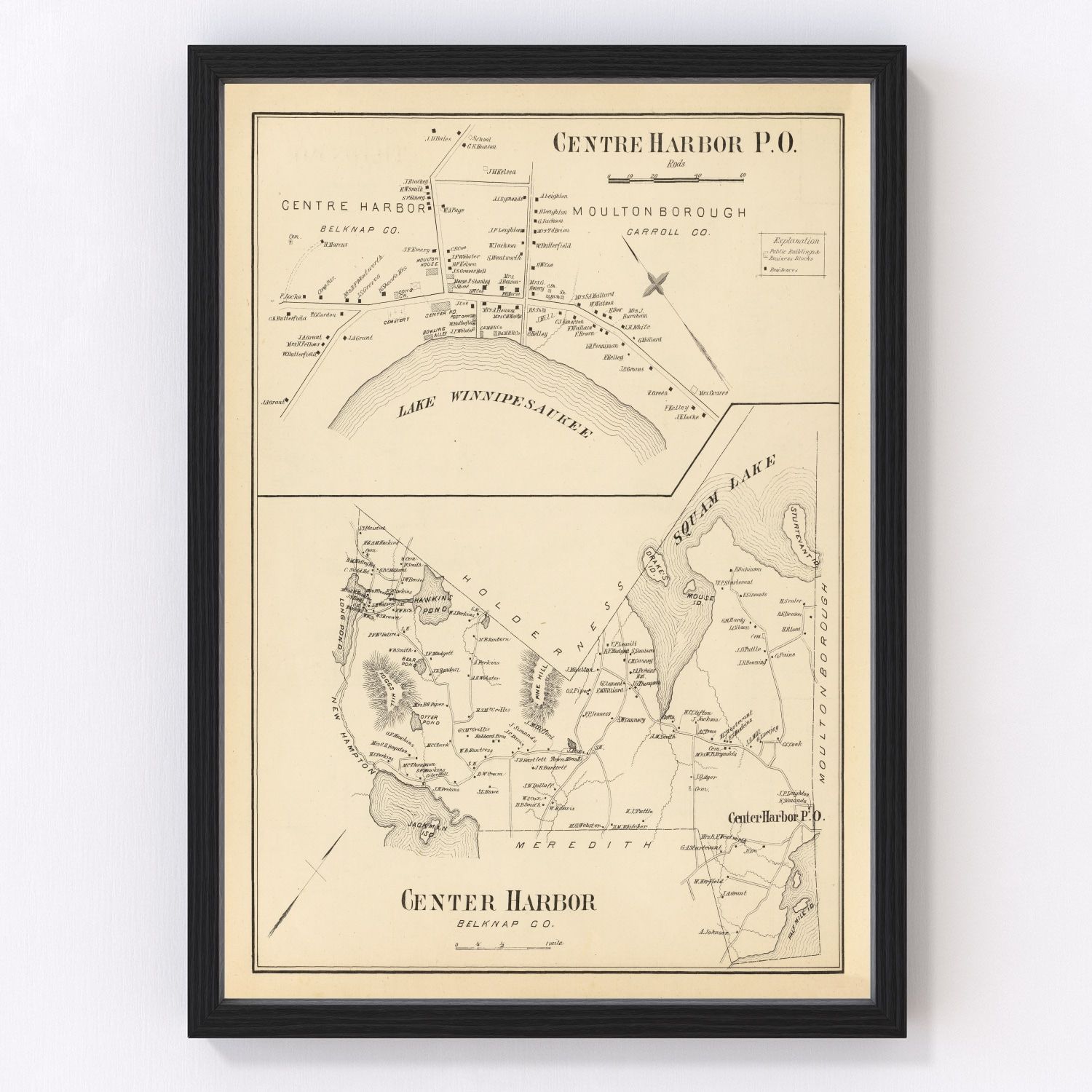 Vintage map of Center Harbor, New Hampshire, 1892, Lake Winnipesaukee, restored print