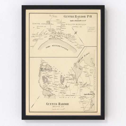 Vintage map of Center Harbor, New Hampshire, 1892, Lake Winnipesaukee, restored print