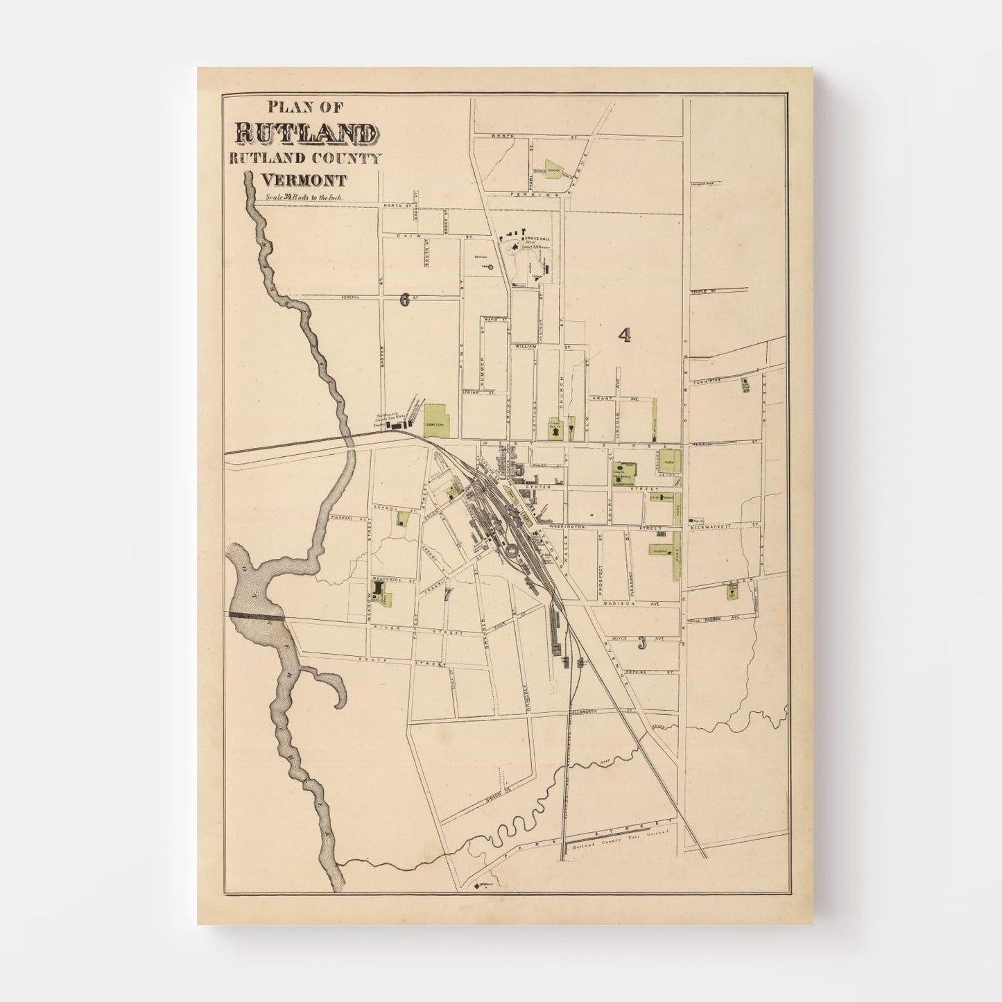 Vintage Map of Rutland, Vermont, 1876