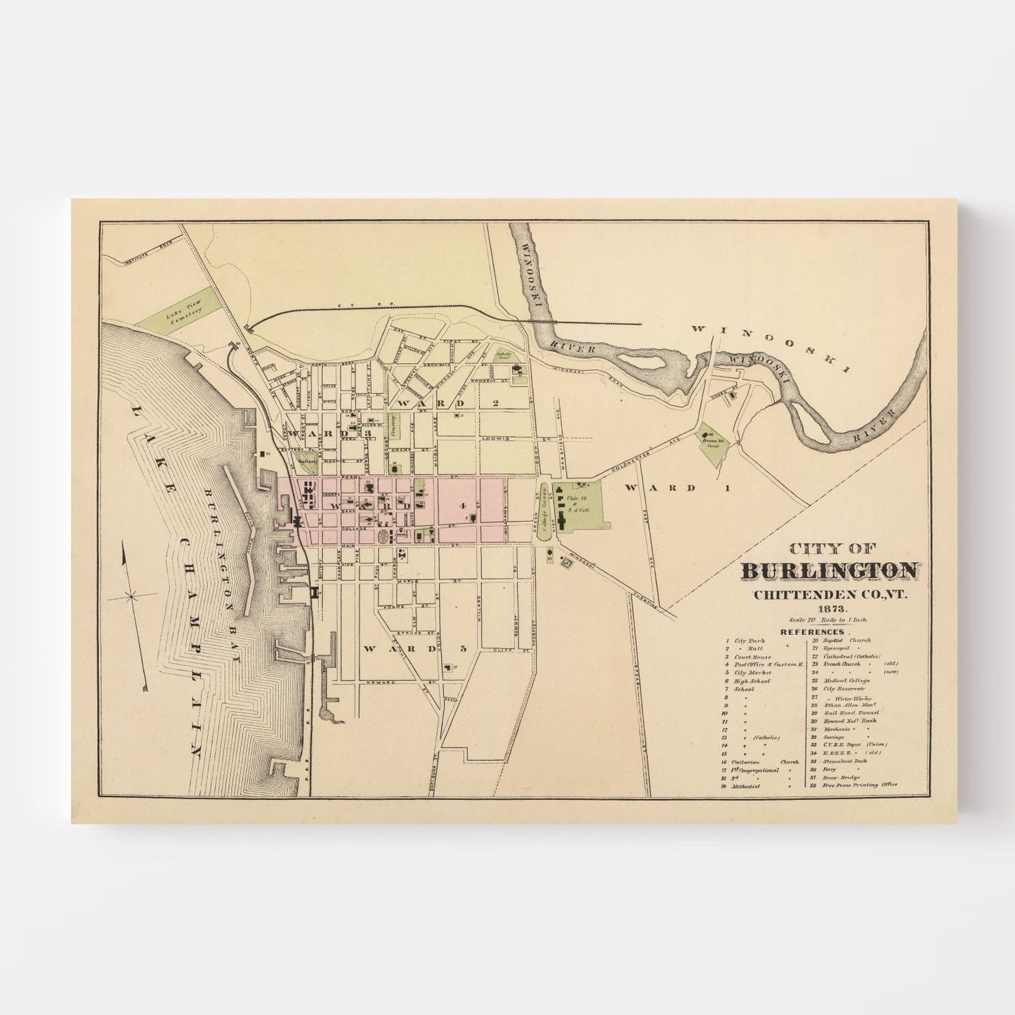 Vintage Map of Burlington, Vermont, 1873