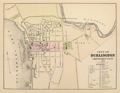 Vintage Map of Burlington, Vermont, 1873