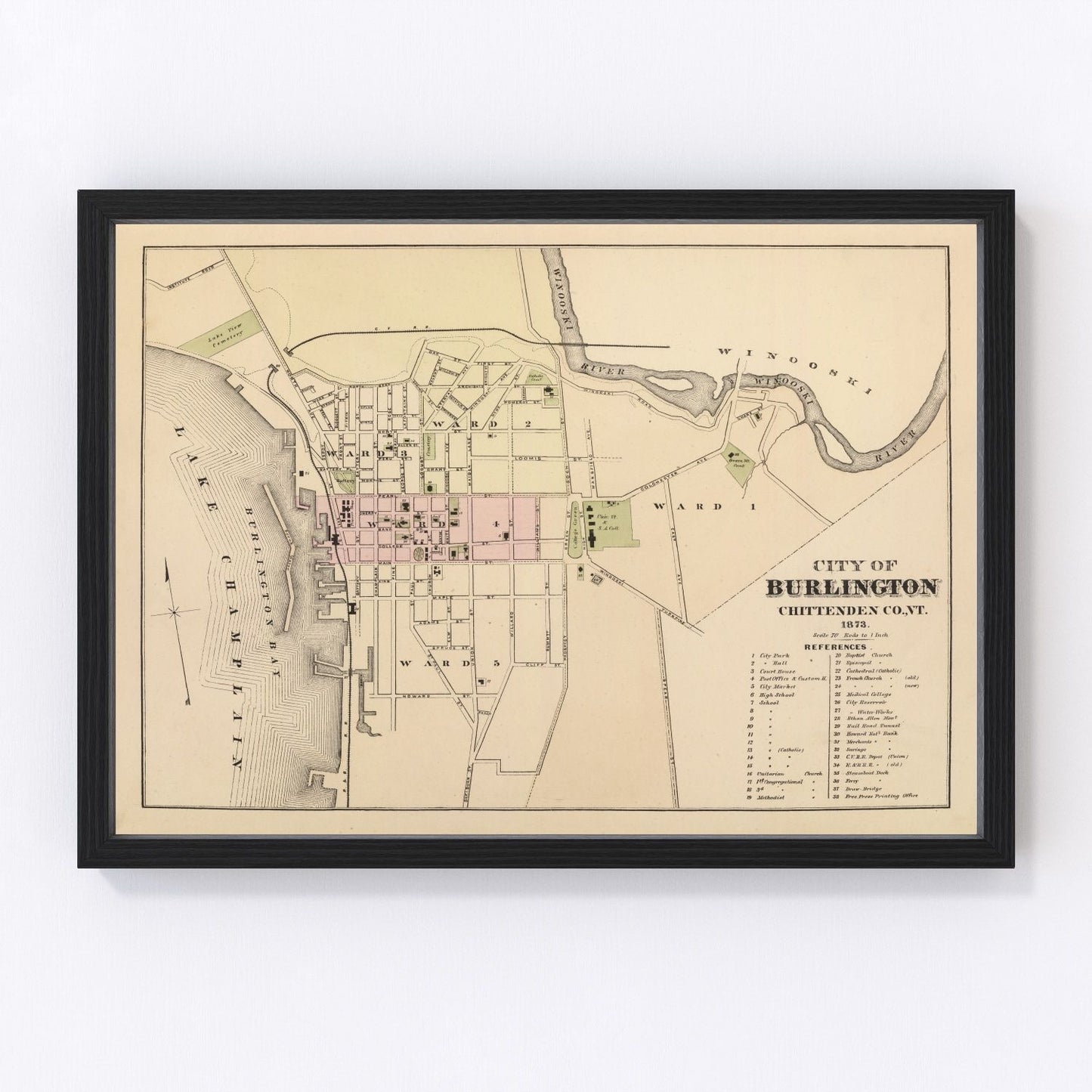 Vintage map of Burlington, Vermont, 1873, Chittenden County restored print