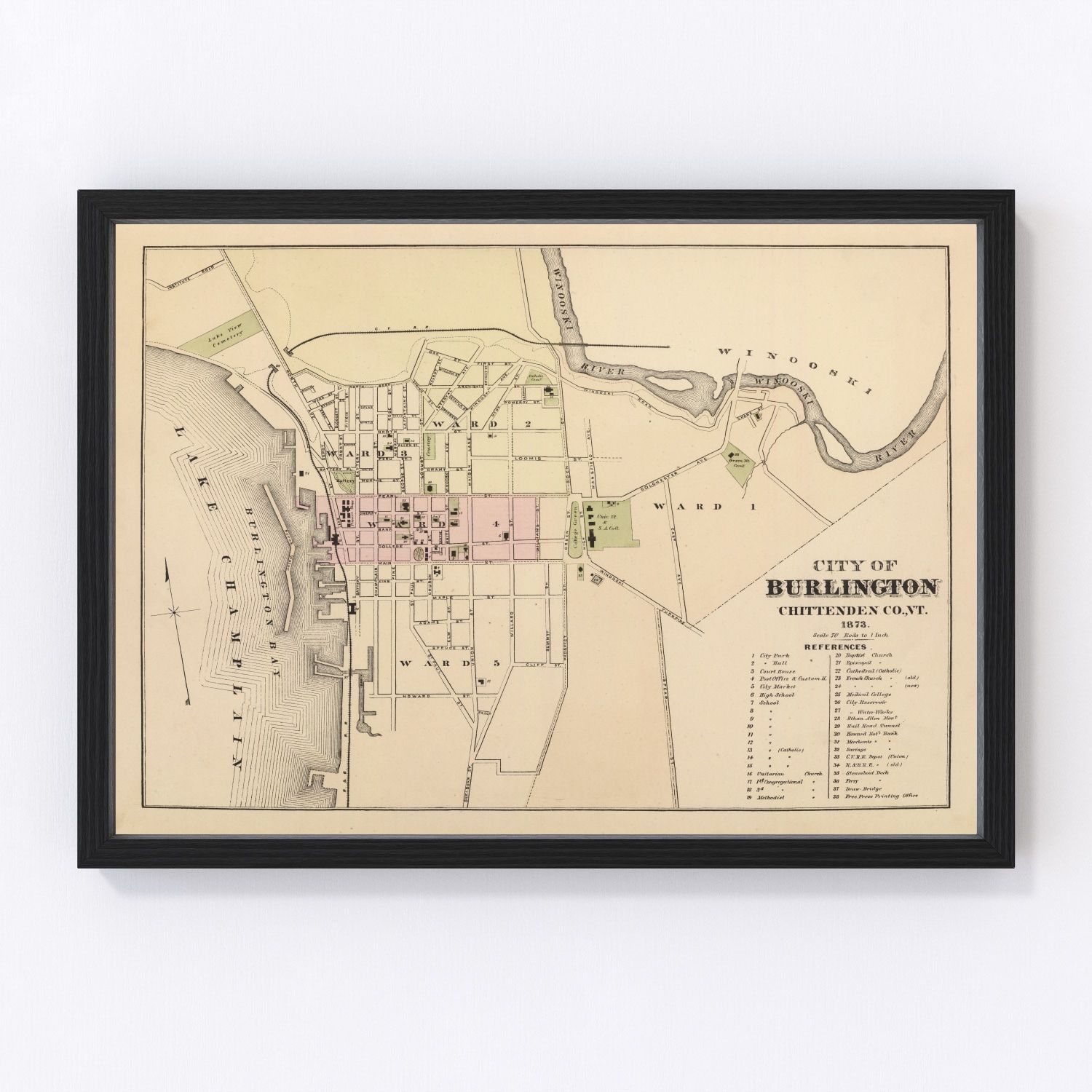 Vintage map of Burlington, Vermont, 1873, Chittenden County restored print