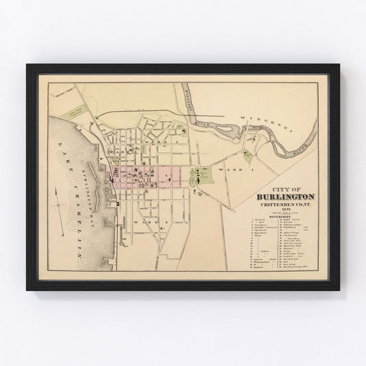 Vintage map of Burlington, Vermont, 1873, Chittenden County restored print