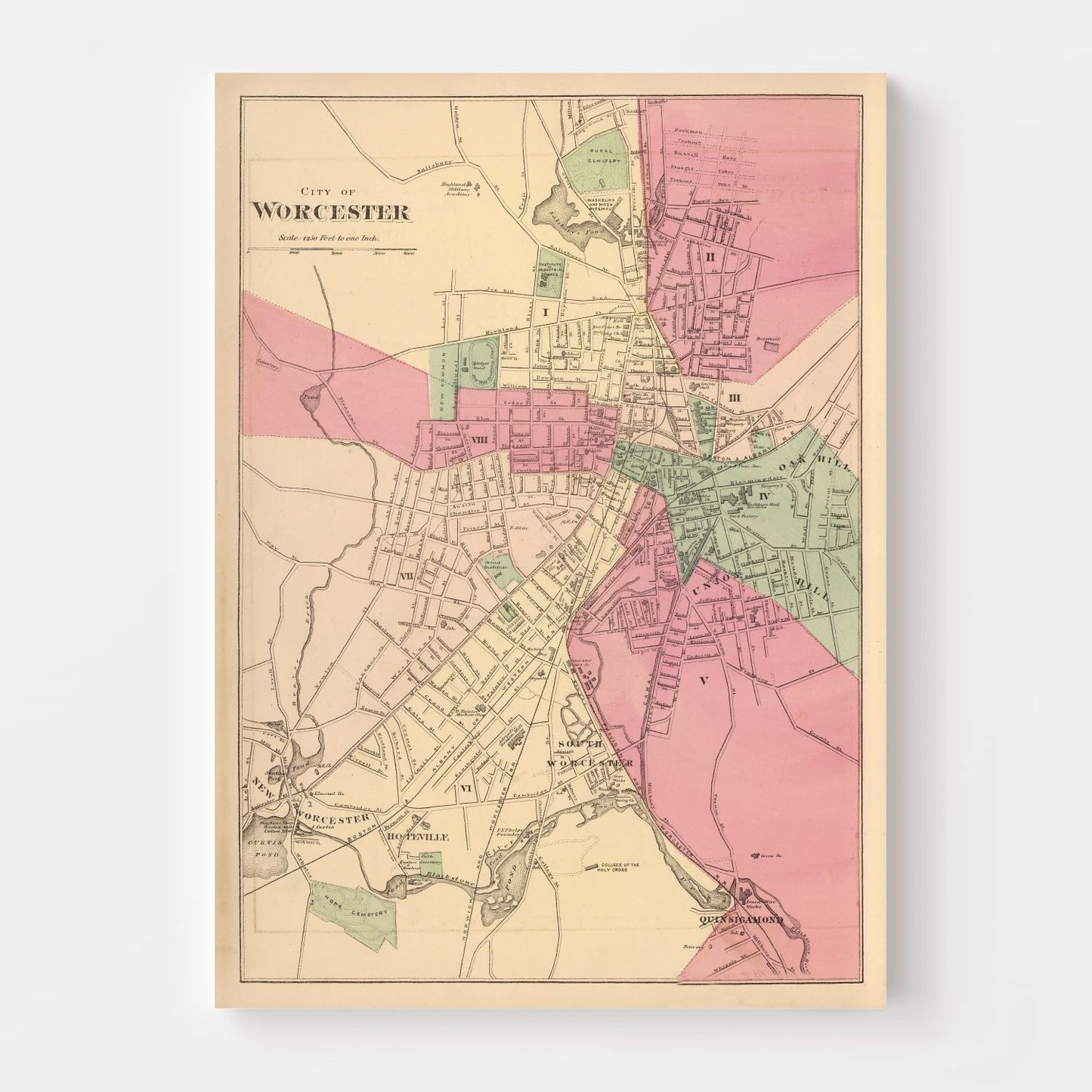 Vintage Map of Worcester, Massachusetts, 1871
