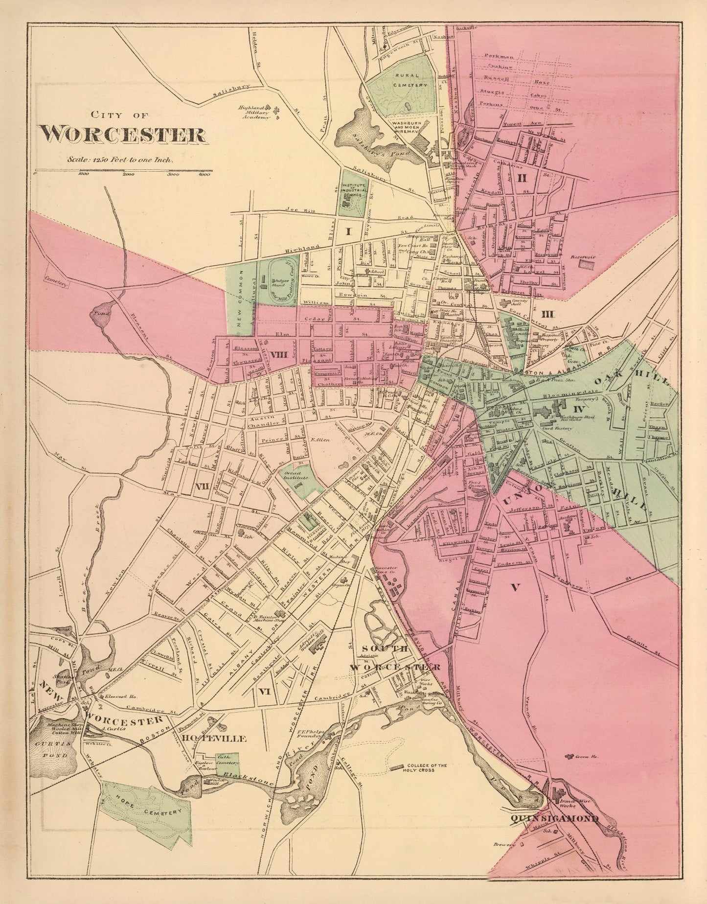 Vintage Map of Worcester, Massachusetts, 1871