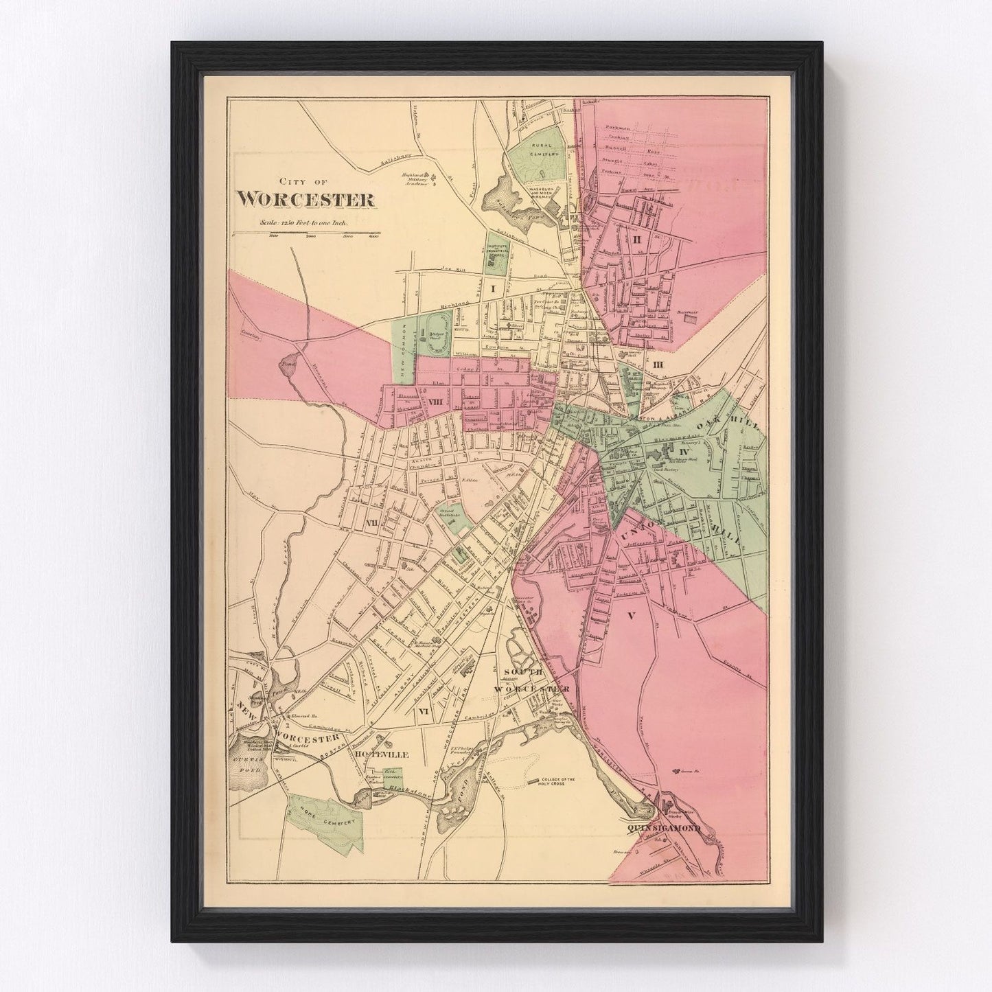 Vintage map of Worcester, Massachusetts, 1871, Victorian era restored