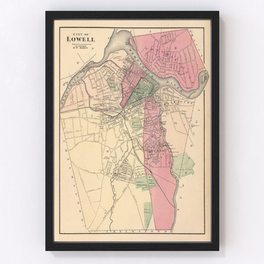 Vintage map of Lowell, Massachusetts, 1871