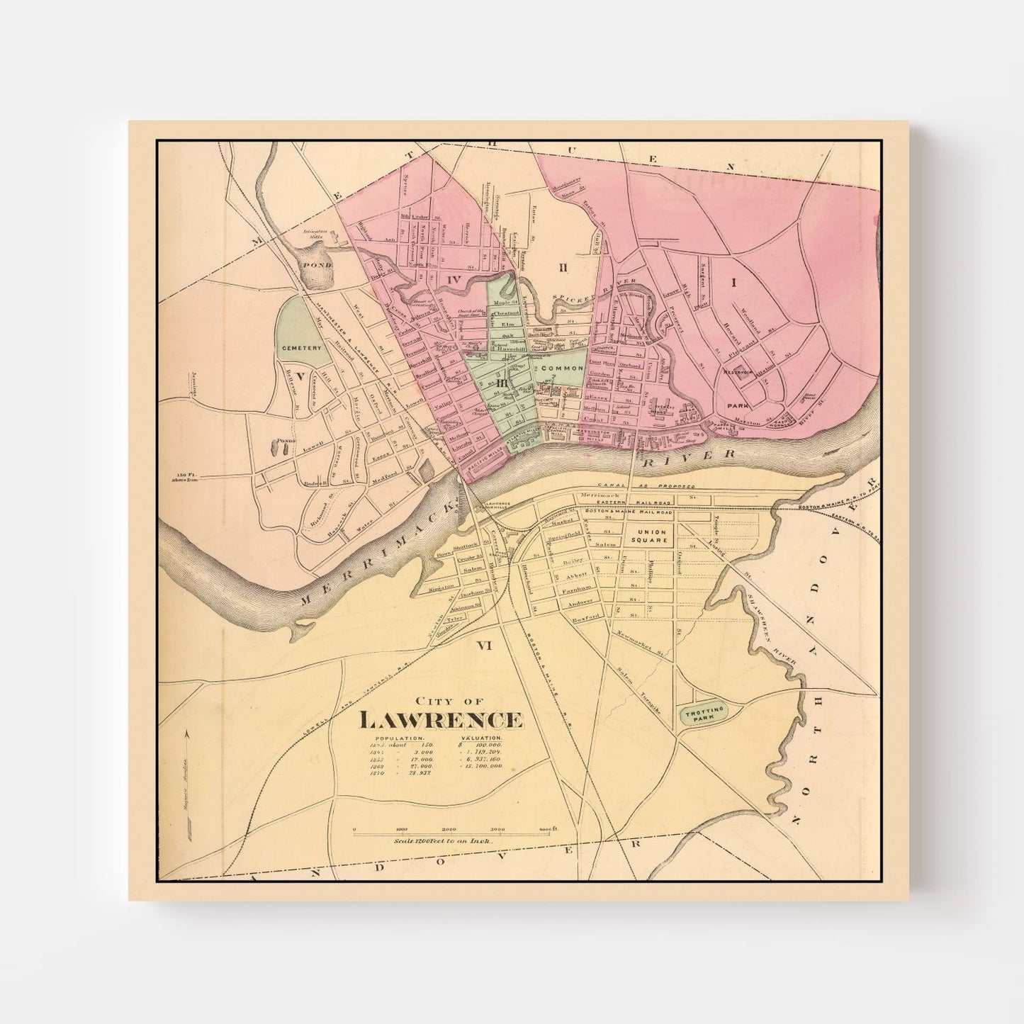 Vintage Map of Lawrence, Massachusetts, 1871