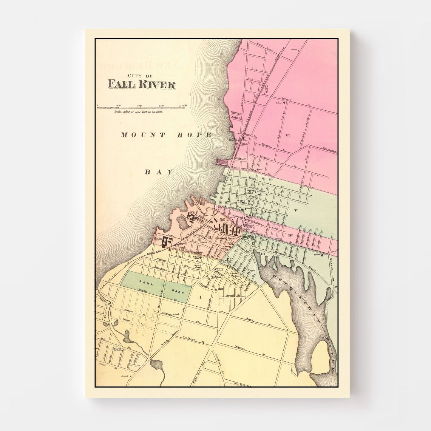 Vintage Map of Fall River, Massachusetts, 1871