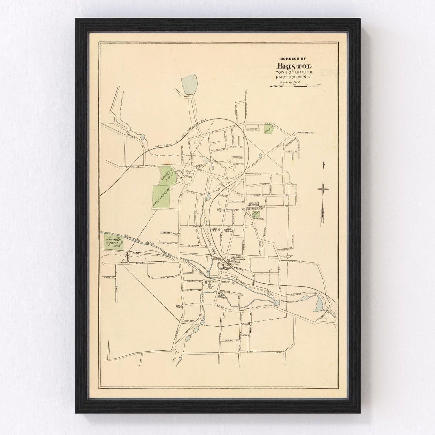 vintage map of Bristol Connecticut, 1893, restored print wall art