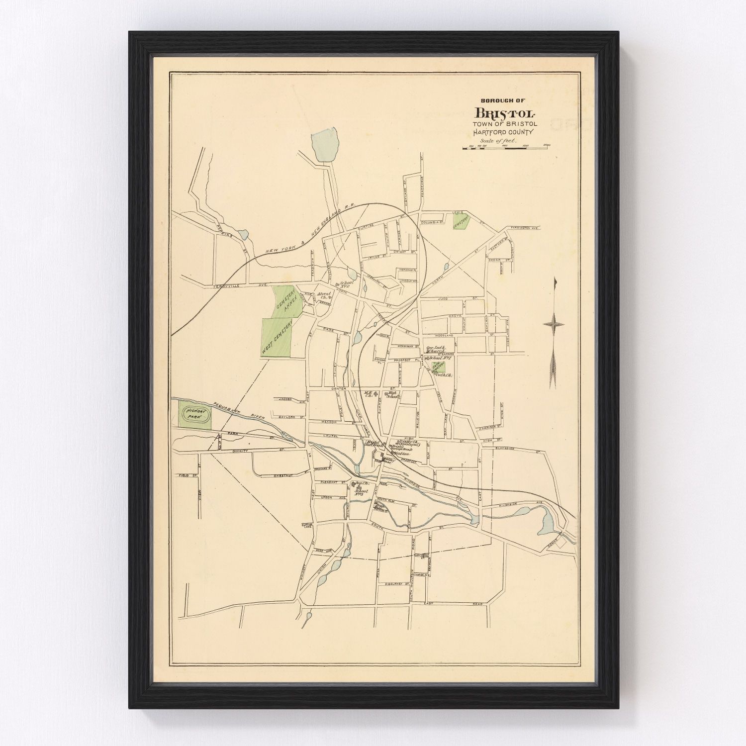 vintage map of Bristol Connecticut, 1893, restored print wall art
