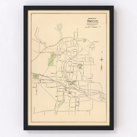 vintage map of Bristol Connecticut, 1893, restored print wall art