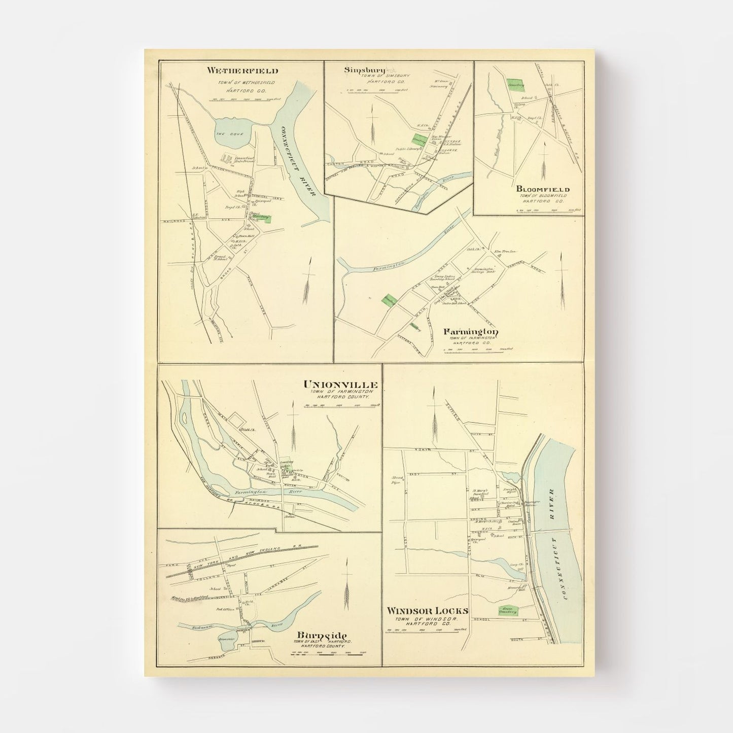 Vintage Map of Wethersfield, Connecticut, 1893