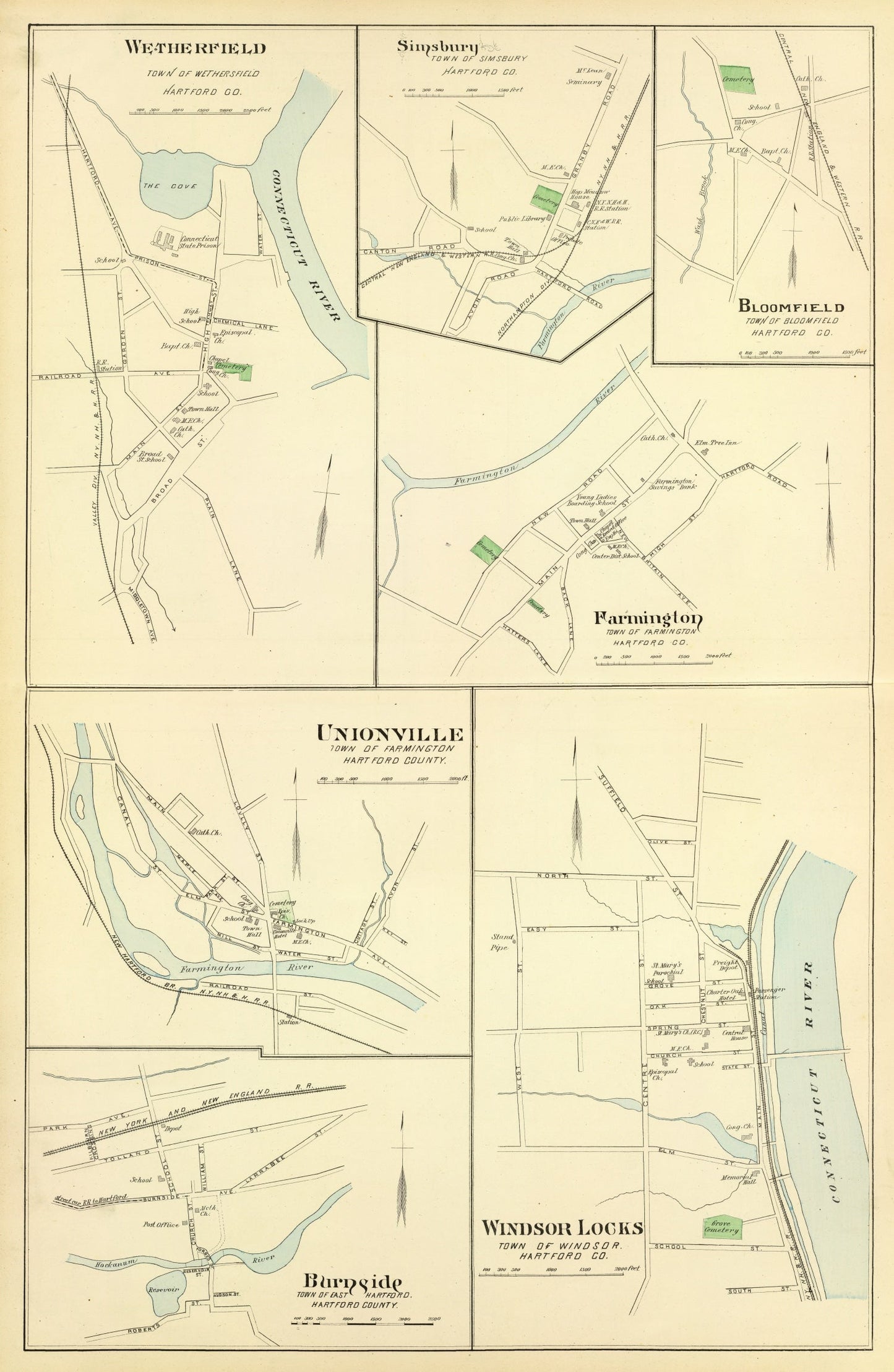 Vintage Map of Wethersfield, Connecticut, 1893