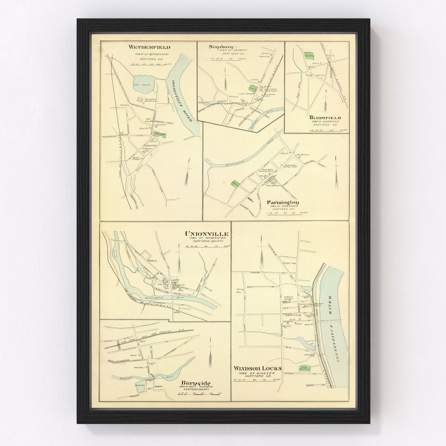 Vintage map of Wethersfield, Connecticut, 1893, historic Colonial town and river