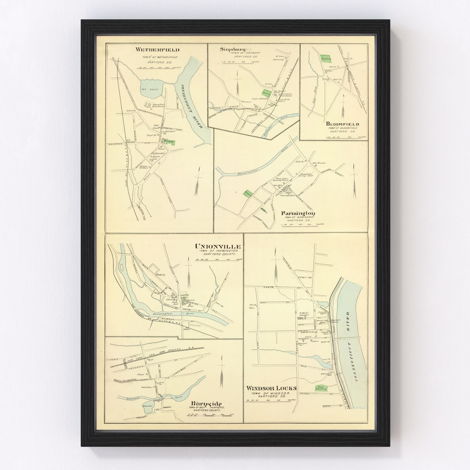 Vintage map of Wethersfield, Connecticut, 1893, historic Colonial town and river