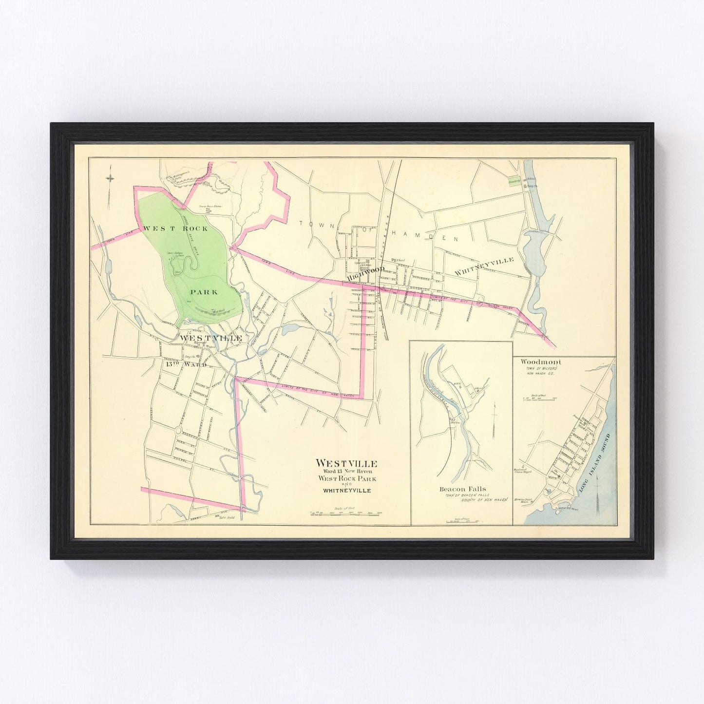 Vintage map of Westville, Connecticut, 1893, New Haven mill village and West River