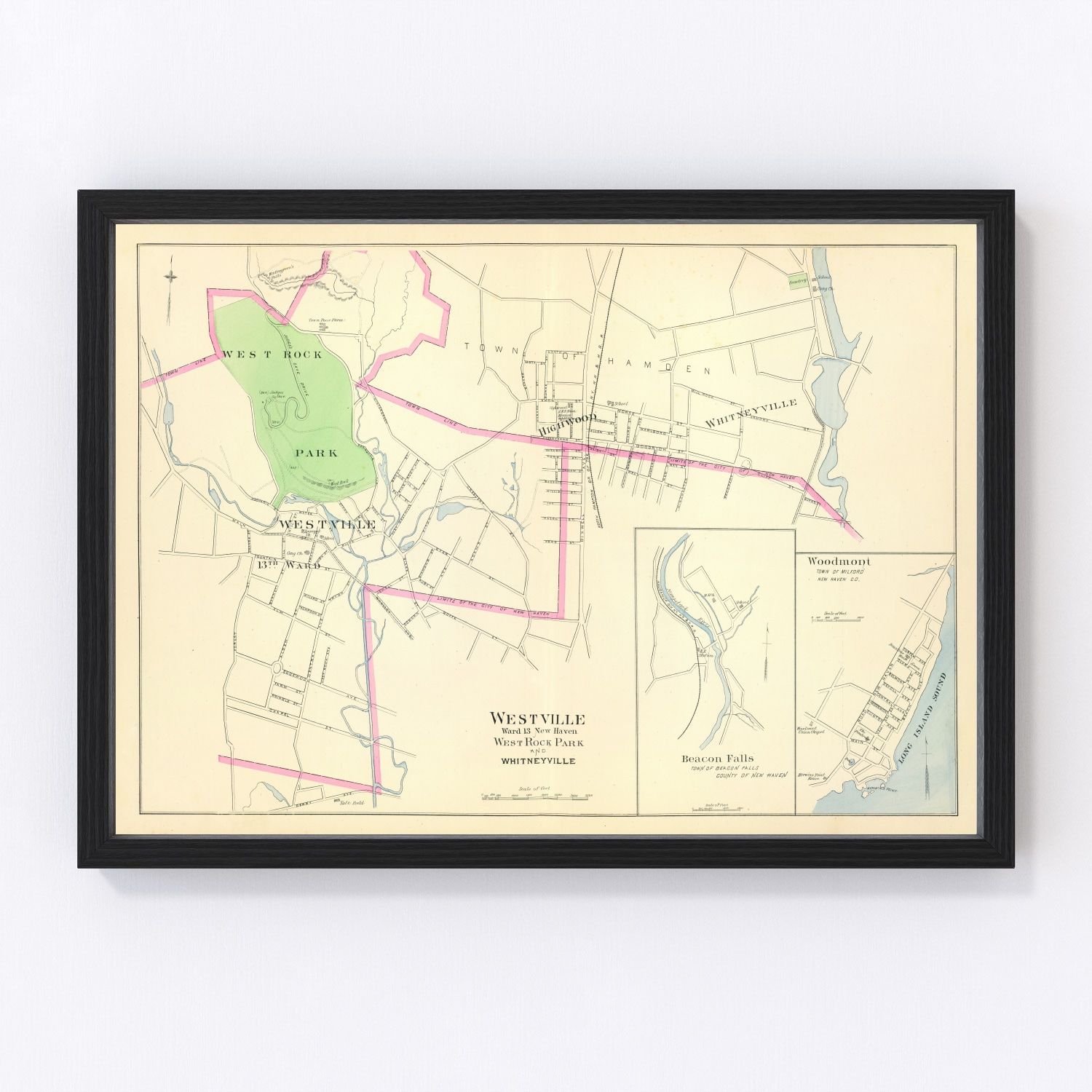 Vintage map of Westville, Connecticut, 1893, New Haven mill village and West River