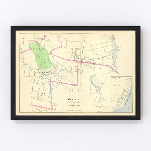 Vintage map of Westville, Connecticut, 1893, New Haven mill village and West River