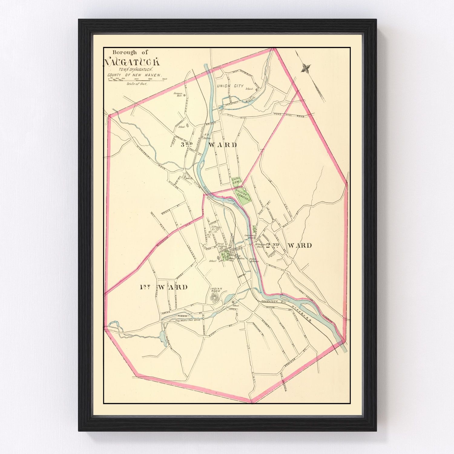 Vintage map of Naugatuck, Connecticut, 1893