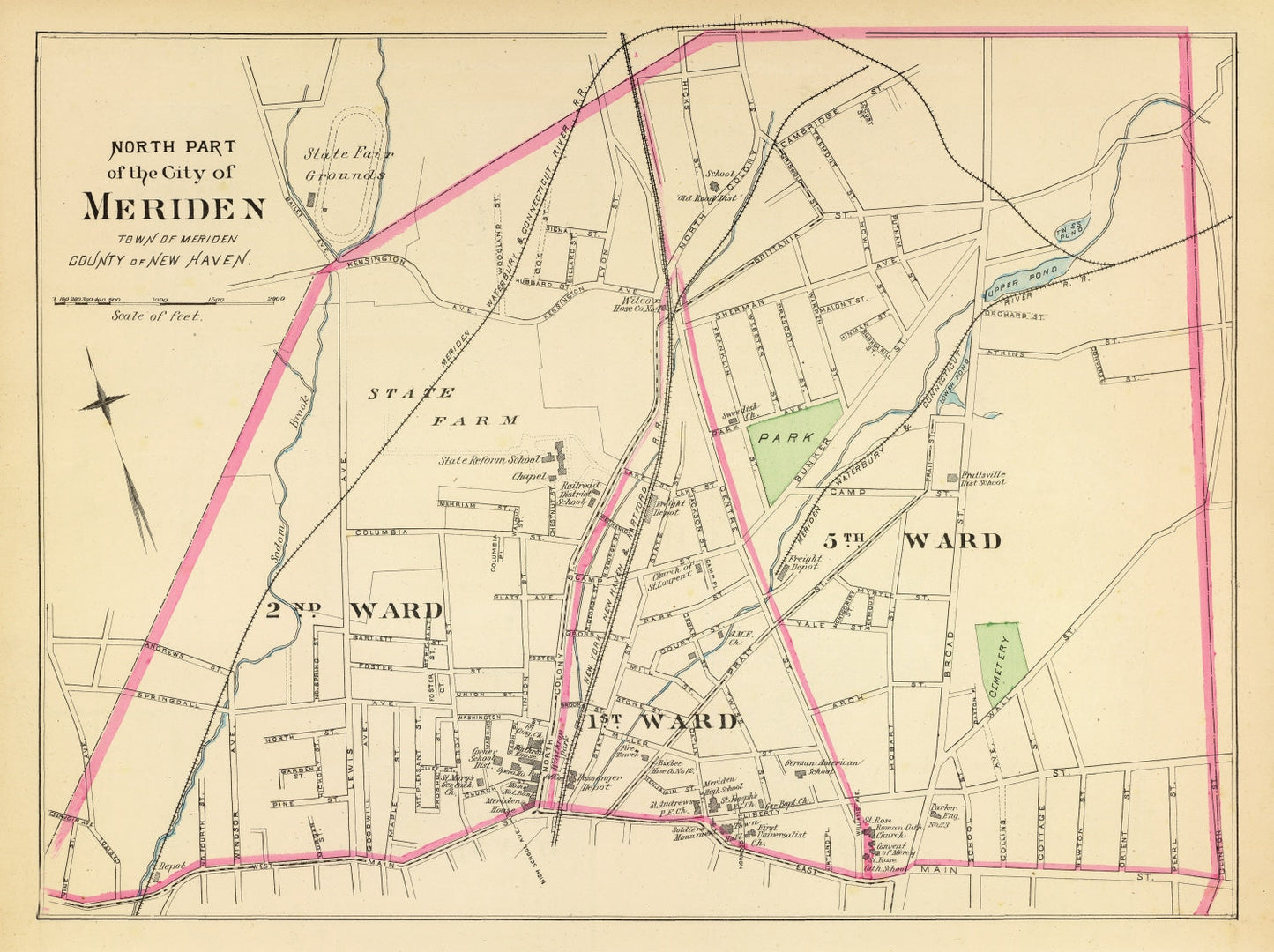 Vintage Map of Meriden, Connecticut, 1893