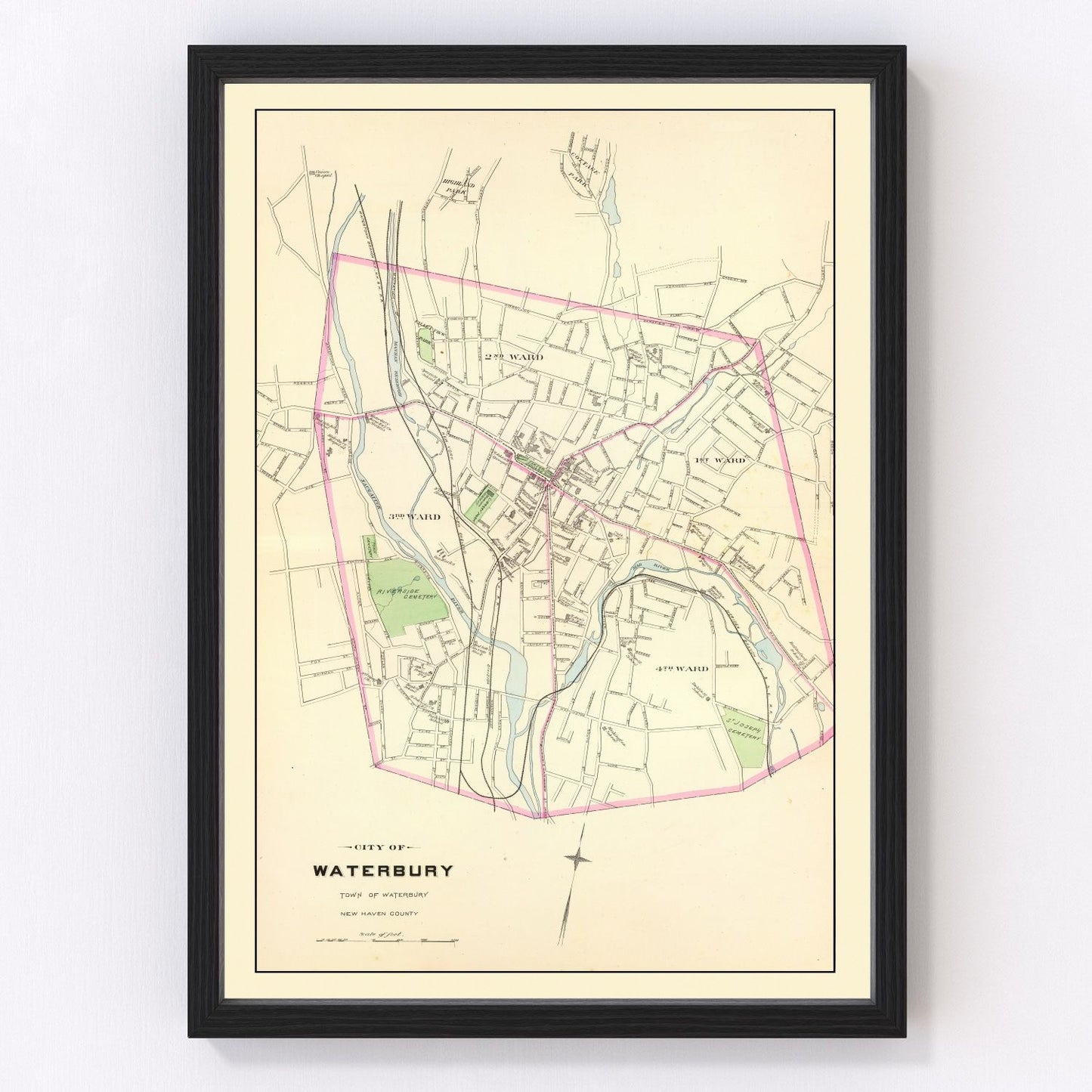 Vintage map of Waterbury, Connecticut, 1893 - Naugatuck River restored print