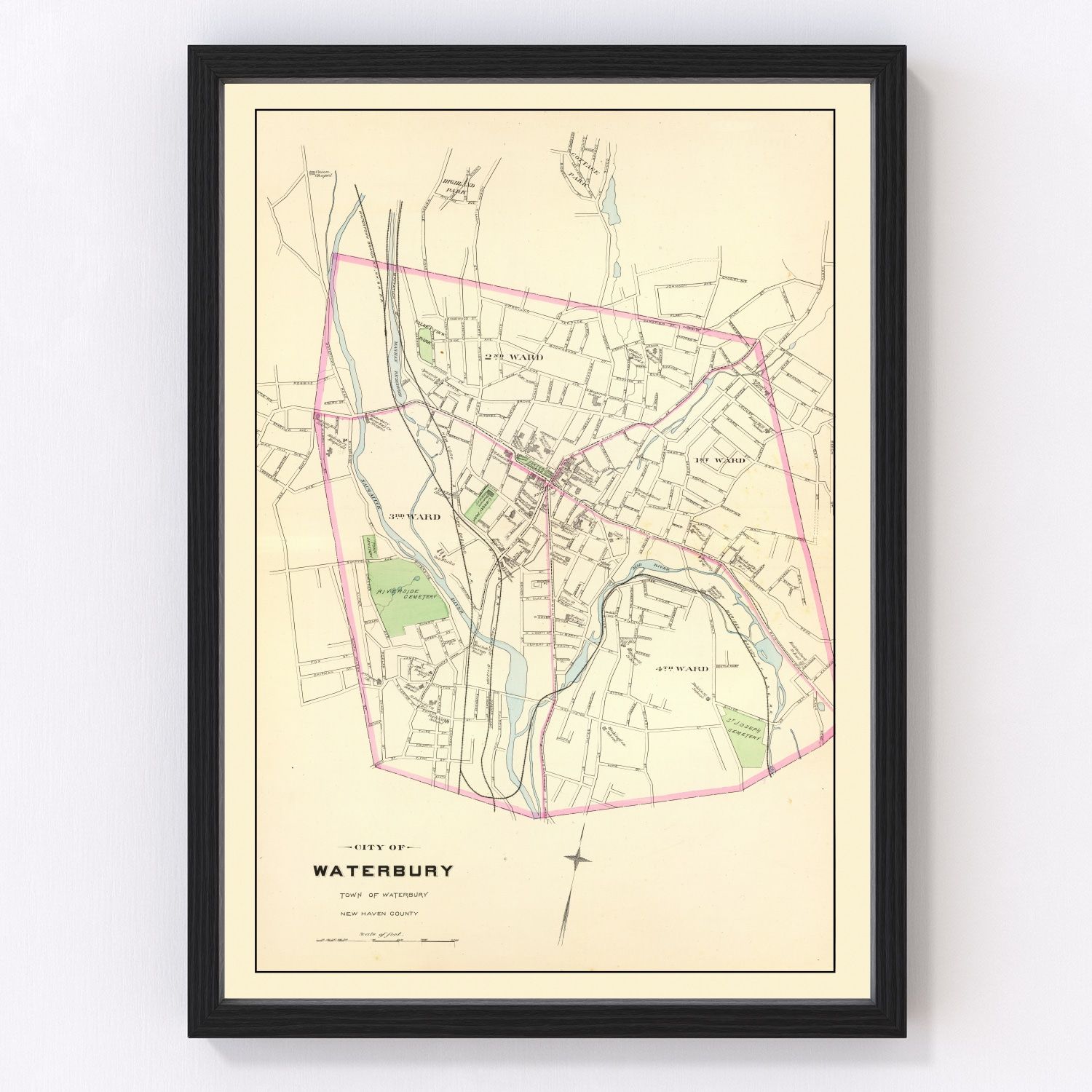 Vintage map of Waterbury, Connecticut, 1893 - Naugatuck River restored print