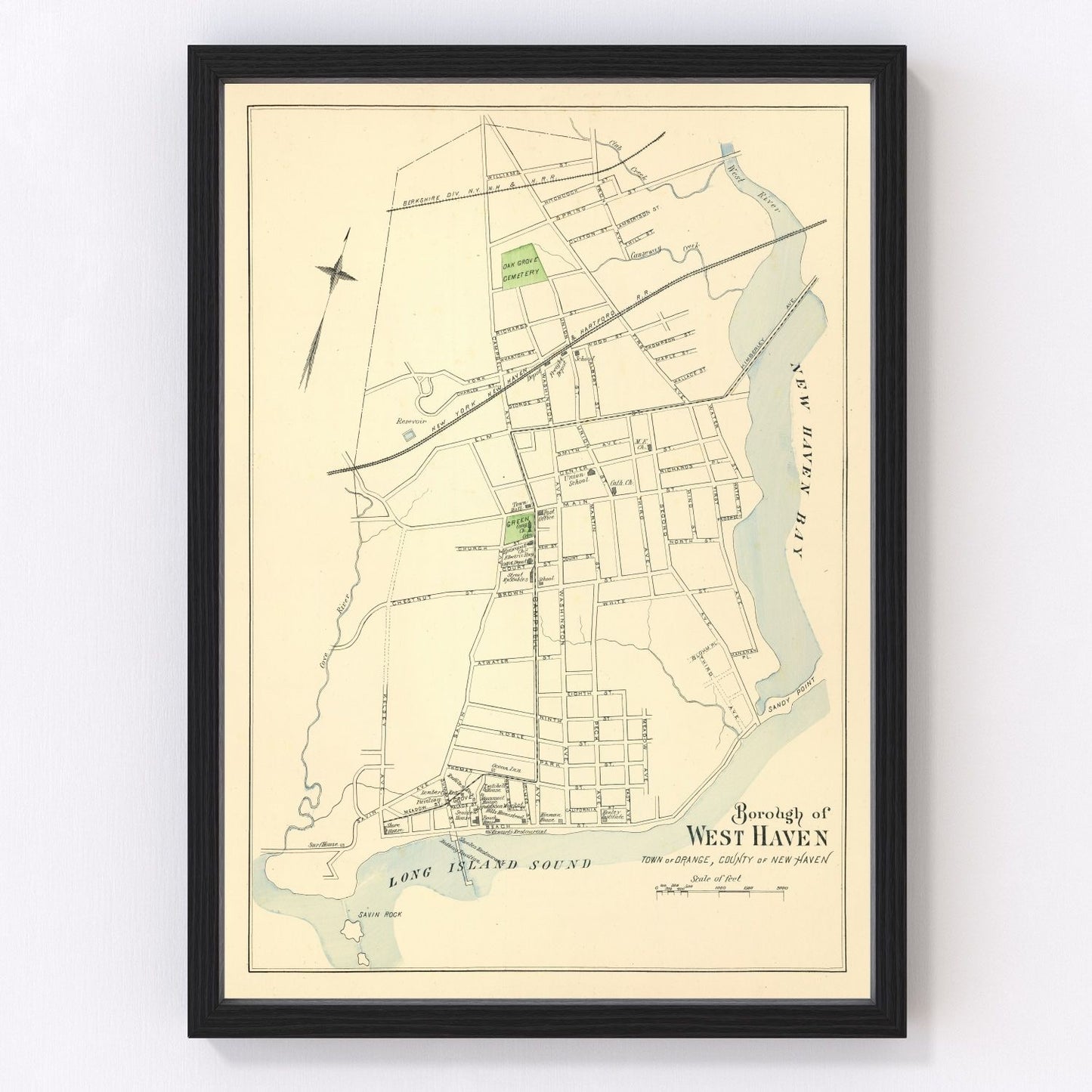Vintage map of West Haven, Connecticut, 1893, Long Island Sound shoreline town