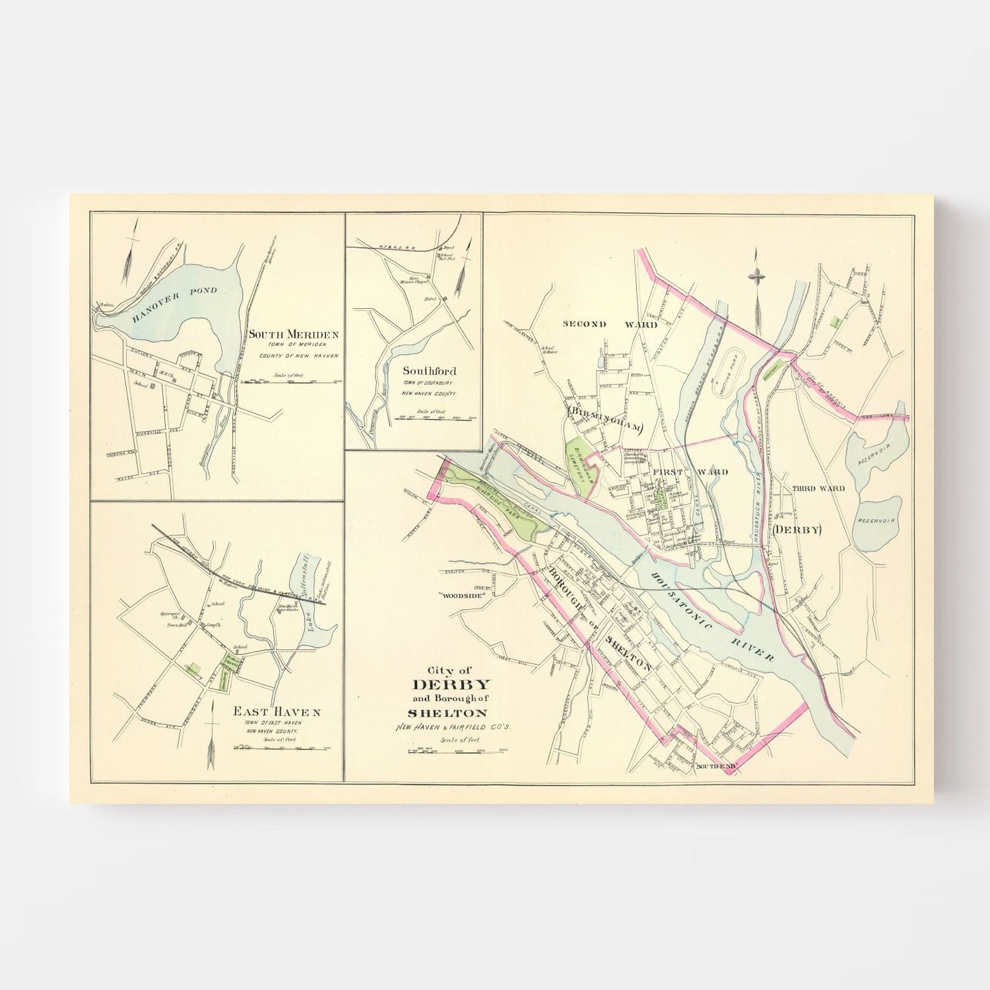 Vintage Map of Derby, Connecticut, 1893
