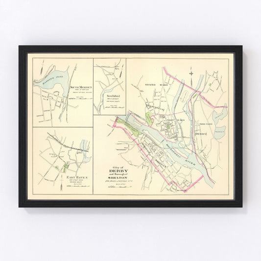 vintage map of derby, connecticut, 1893