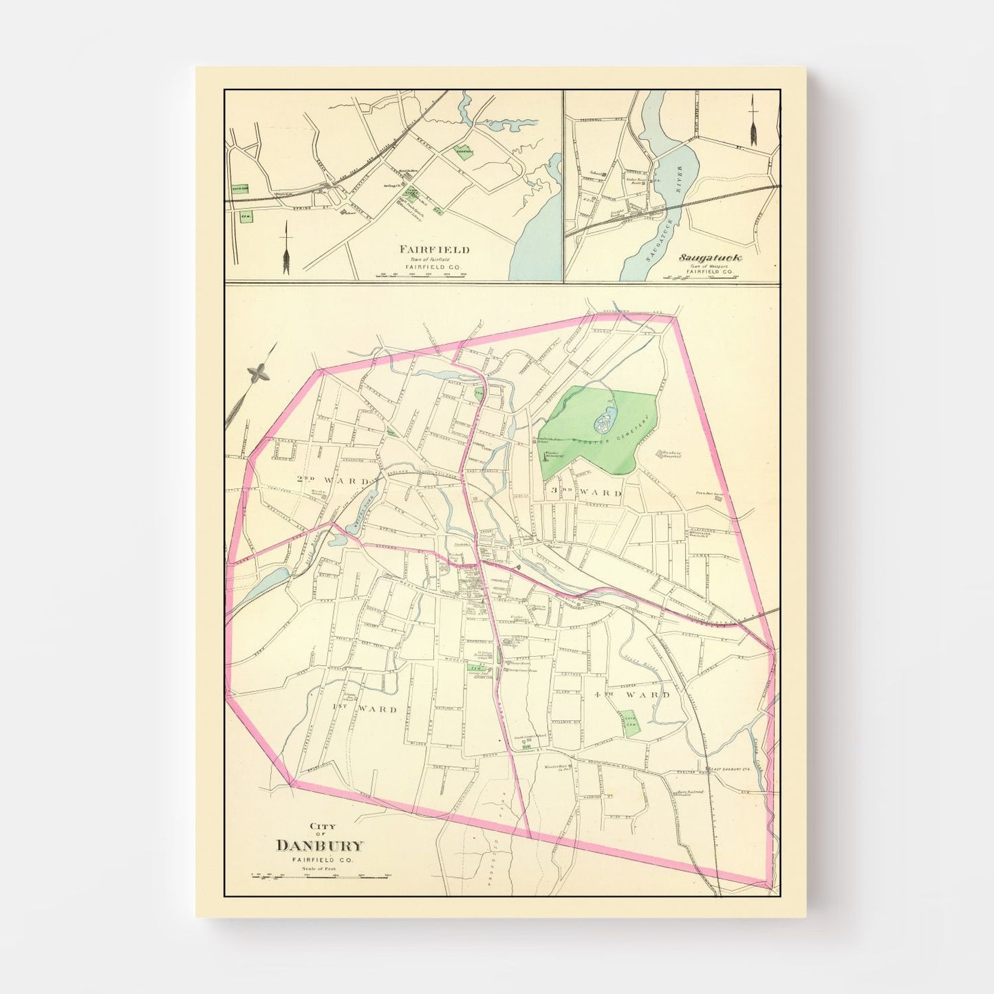 Vintage Map of Danbury, Connecticut, 1893