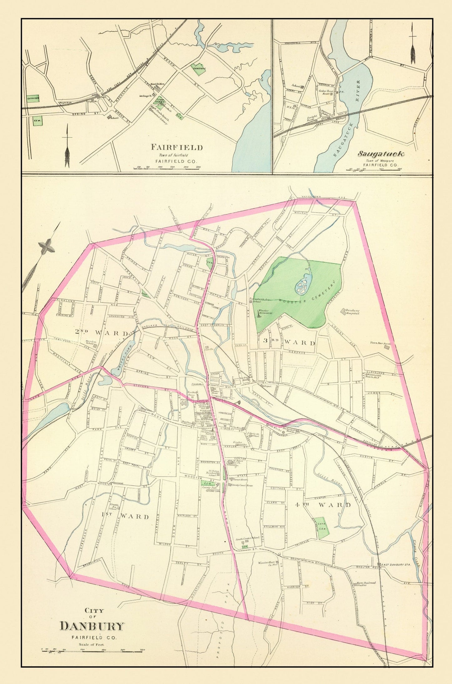 Vintage Map of Danbury, Connecticut, 1893