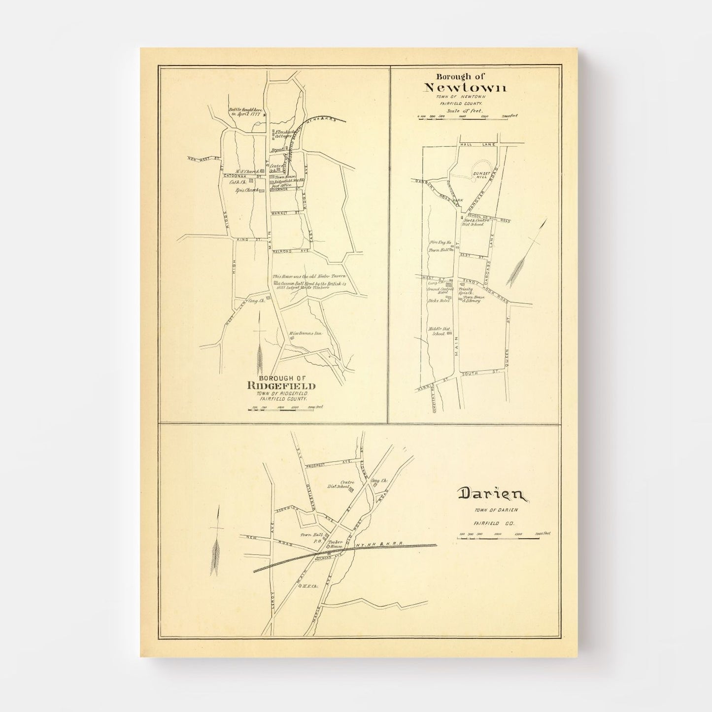Vintage Map of Newtown, Connecticut, 1893