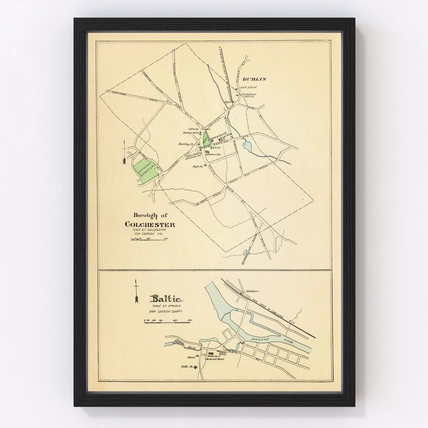 Vintage map of Baltic, Connecticut, 1893