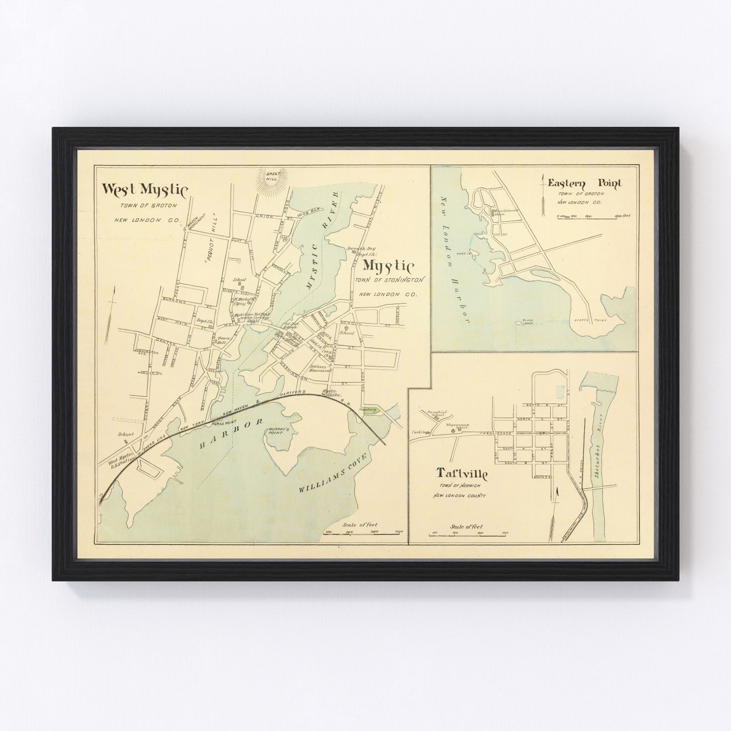 Vintage map of Mystic, Connecticut, 1893
