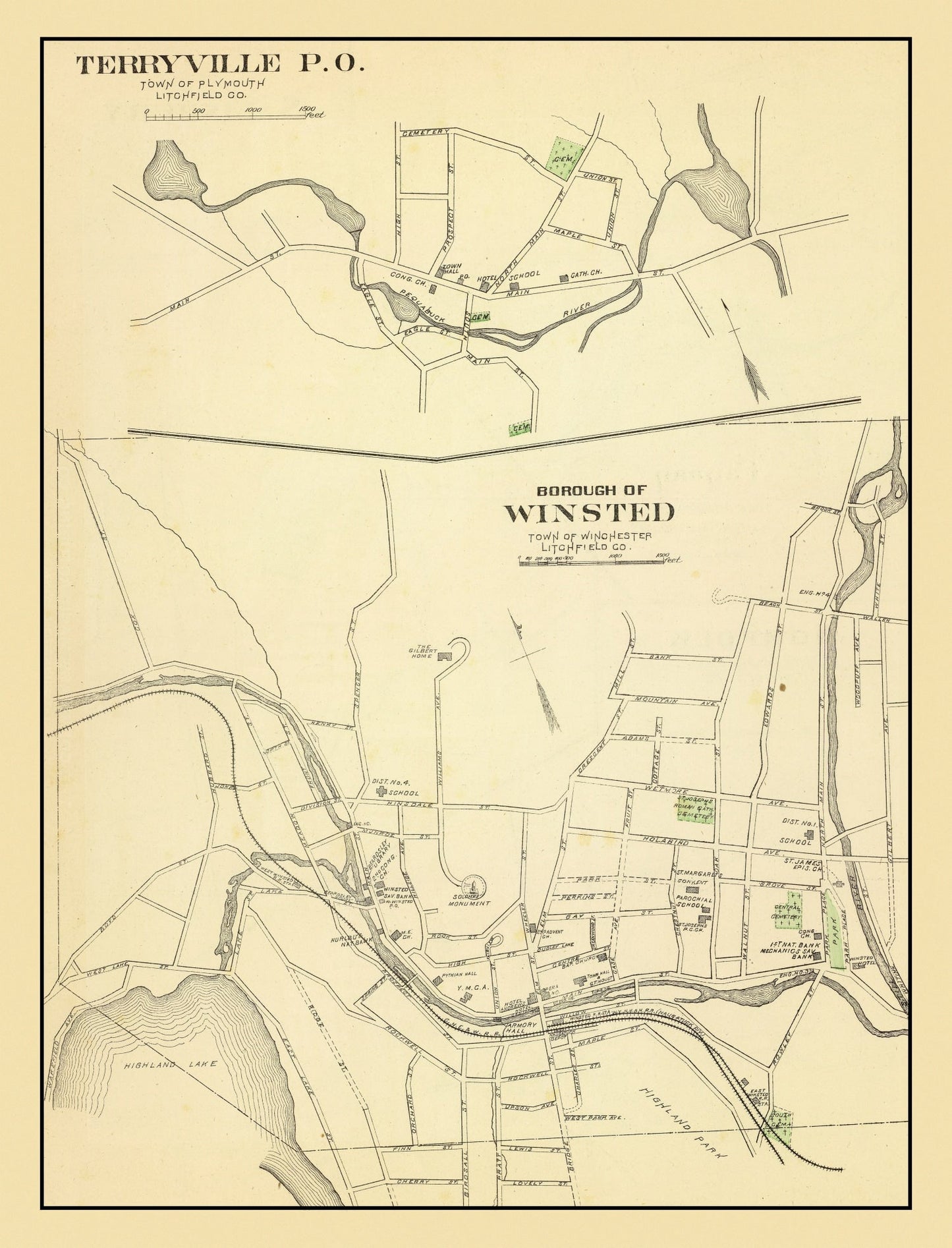 Vintage Map of Terryville, Connecticut, 1893