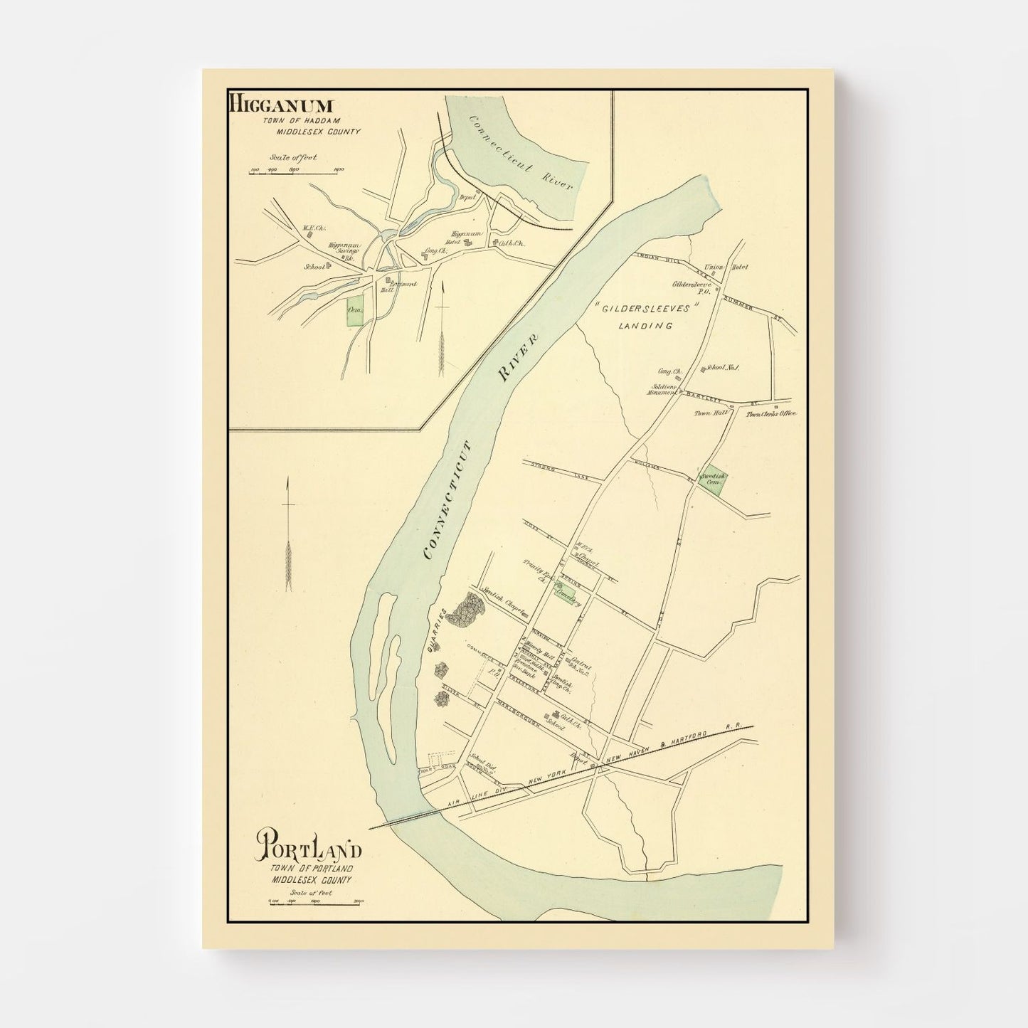 Vintage Map of Higganum, Middlesex County, Connecticut, 1893