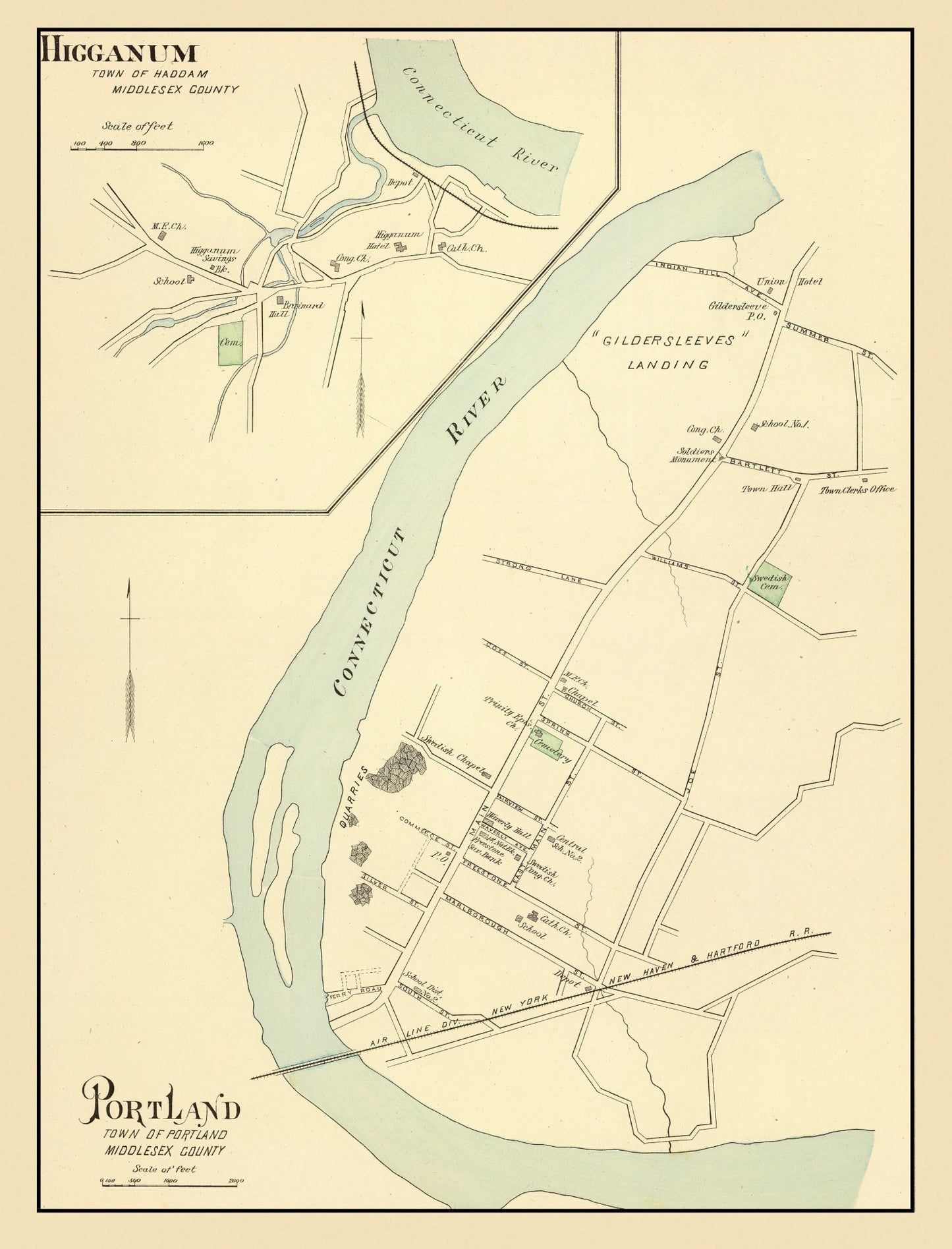Vintage Map of Higganum, Middlesex County, Connecticut, 1893
