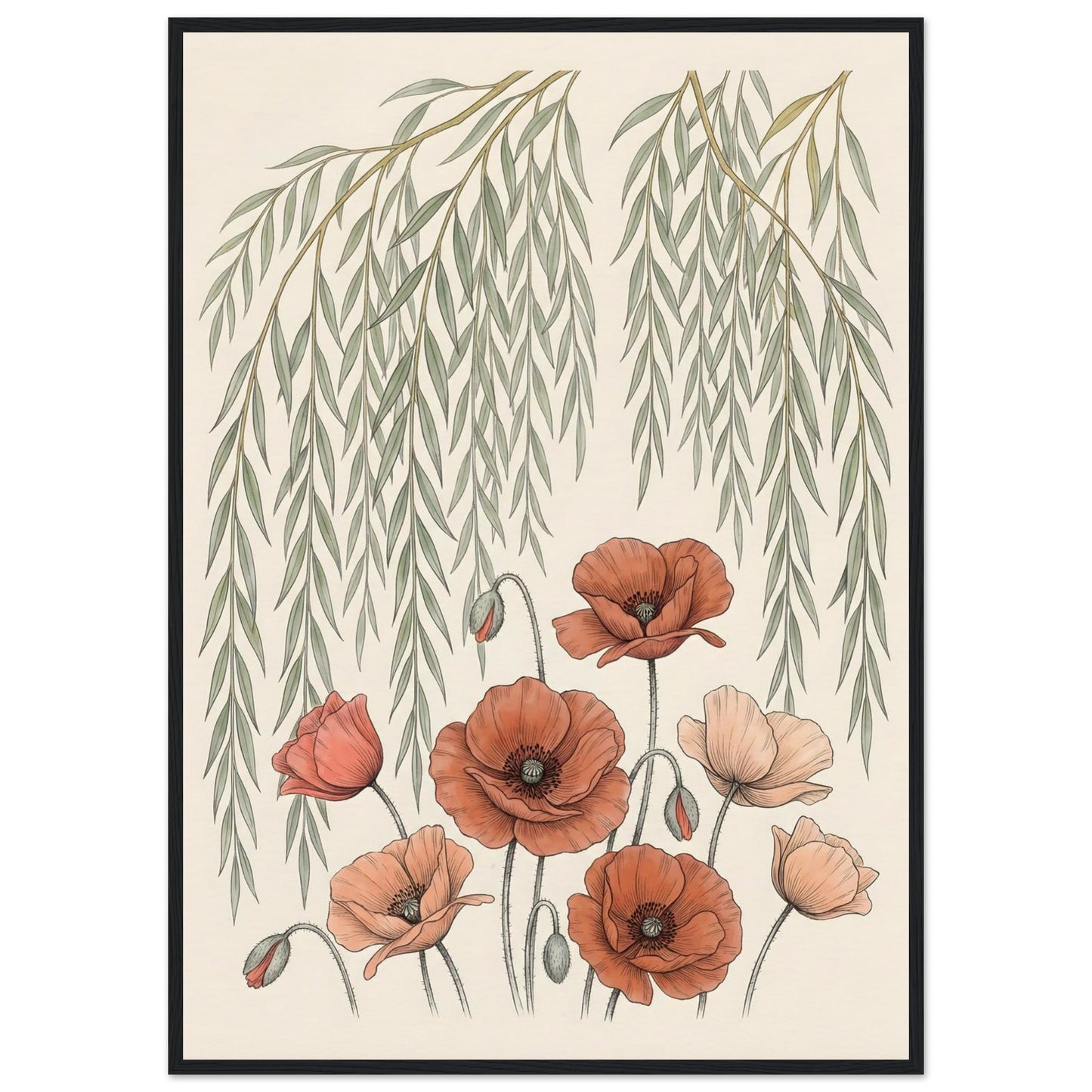 Willow Tree and Poppy Botanical 9th Anniversary Wall Art - A1 (59.4 x 84.1 cm) / Museum-Quality Matte Paper Wooden Framed Poster - Black frame - Sparkycare