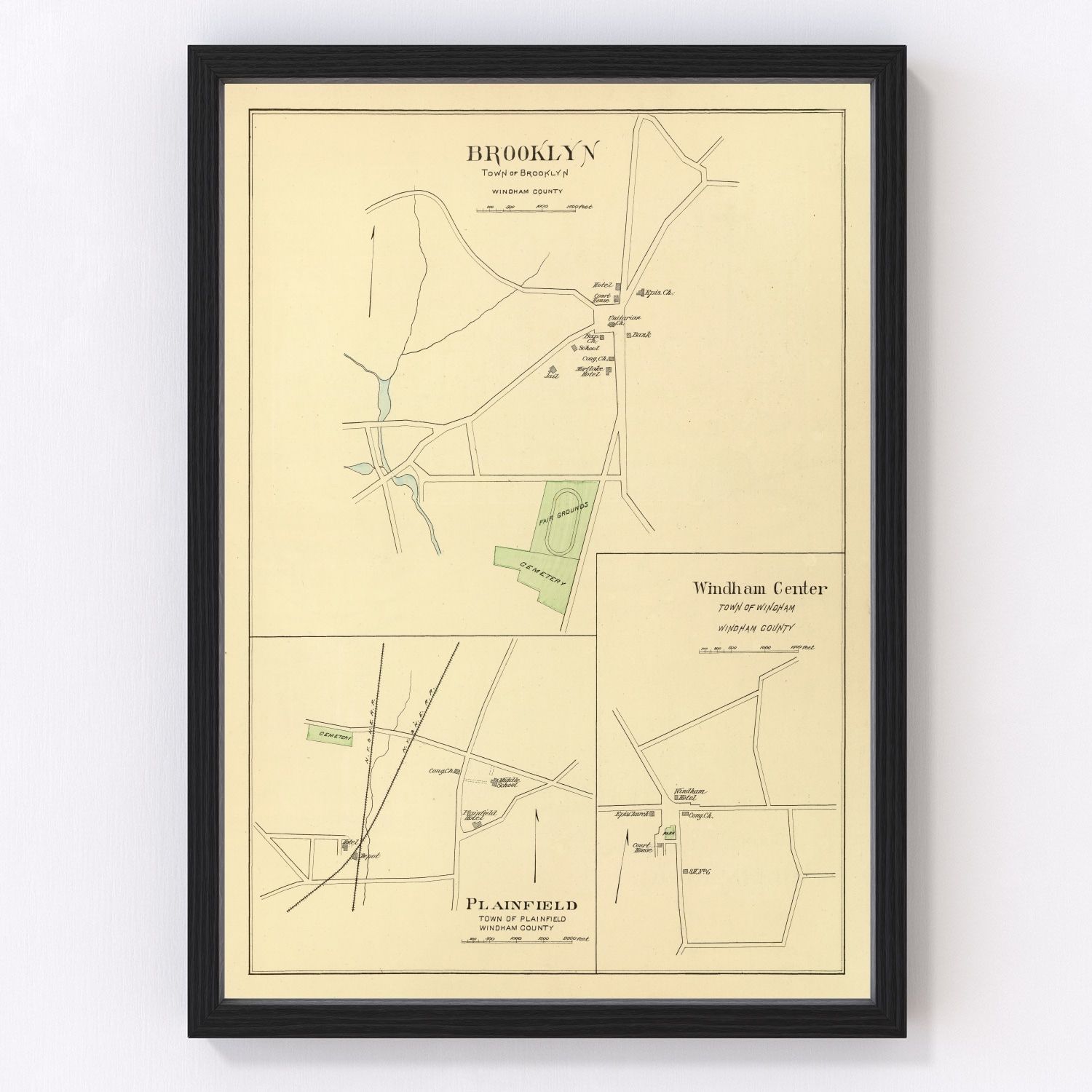 vintage map of Brooklyn Connecticut 1893, restored print wall art