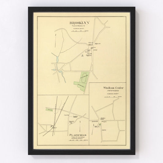 vintage map of Brooklyn Connecticut 1893, restored print wall art