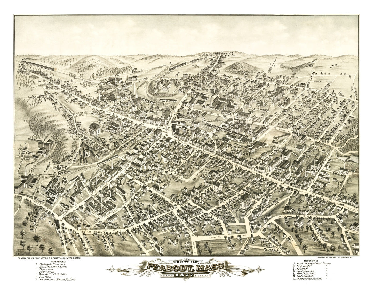Vintage Map of Peabody, Massachusetts, 1877